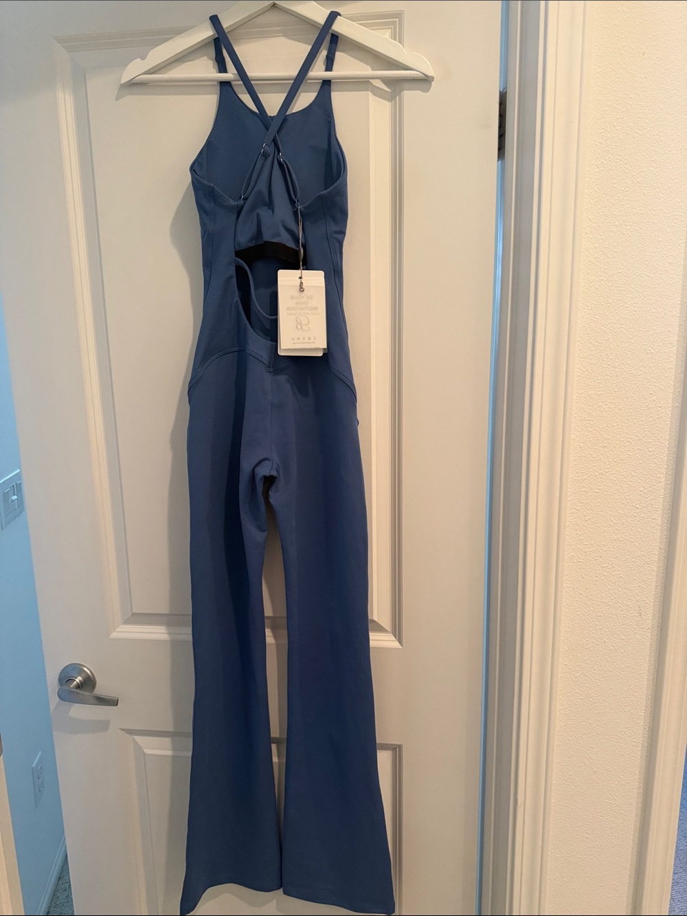 Bombshell Sportswear Blue Women's Flared Jumpsuit with Crossback Straps - Picture 2 of 5
